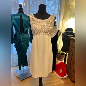Vintage White Beaded Empire Waist Cocktail Dress Bow Detail A line cut